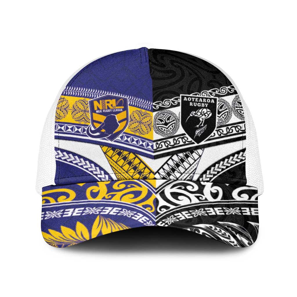 Niue and Aotearoa Rugby Baseball Net Cap Hiapo with Maori Moko Tribal Heritage Tattoos - Polynesian Pride