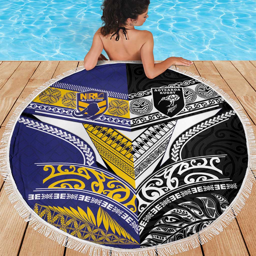 Rugby Niue and Aotearoa Beach Blanket Hiapo with Maori Moko Tribal Heritage Tattoos - Polynesian Pride