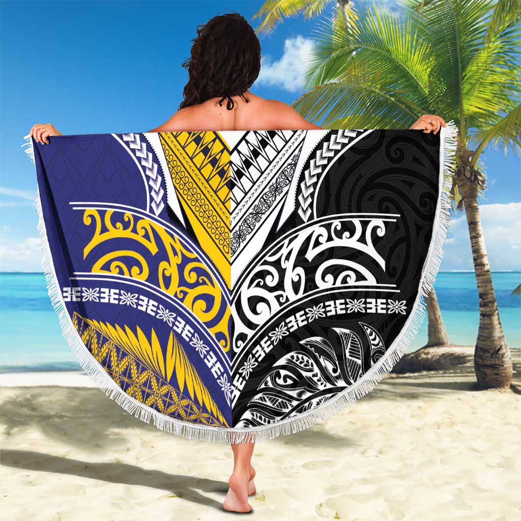 Rugby Niue and Aotearoa Beach Blanket Hiapo with Maori Moko Tribal Heritage Tattoos - Polynesian Pride