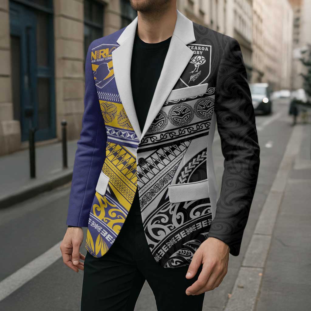 Custom Rugby Niue and Aotearoa Blazer Hiapo with Maori Moko Tribal Heritage Tattoos - Polynesian Pride
