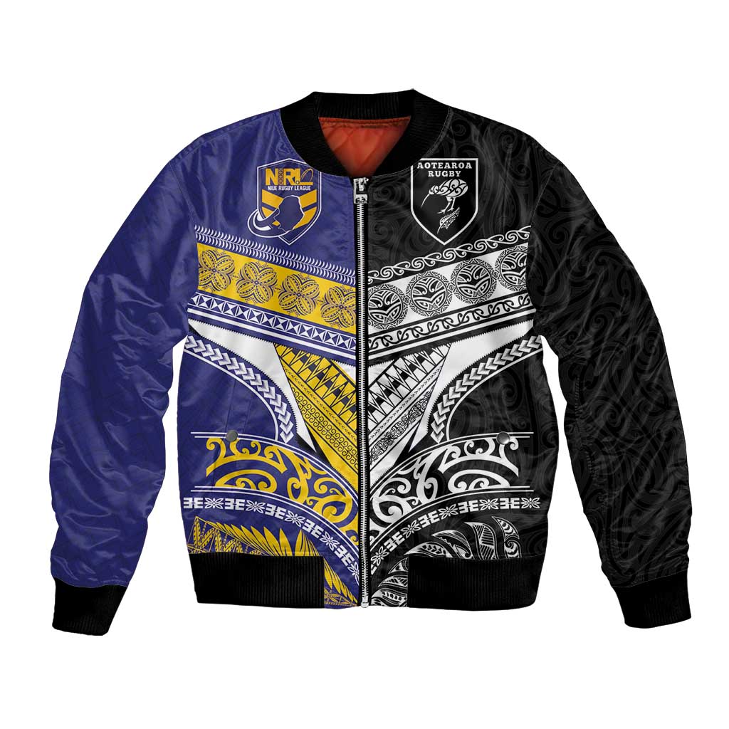 Custom Rugby Niue and Aotearoa Bomber Jacket Hiapo with Maori Moko Tribal Heritage Tattoos - Polynesian Pride
