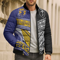 Custom Rugby Niue and Aotearoa Bomber Puffer Jacket Hiapo with Maori Moko Tribal Heritage Tattoos - Polynesian Pride