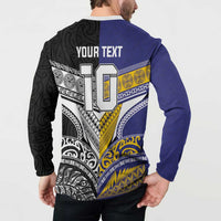 Custom Rugby Niue and Aotearoa Button Sweatshirt Hiapo with Maori Moko Tribal Heritage Tattoos - Polynesian Pride