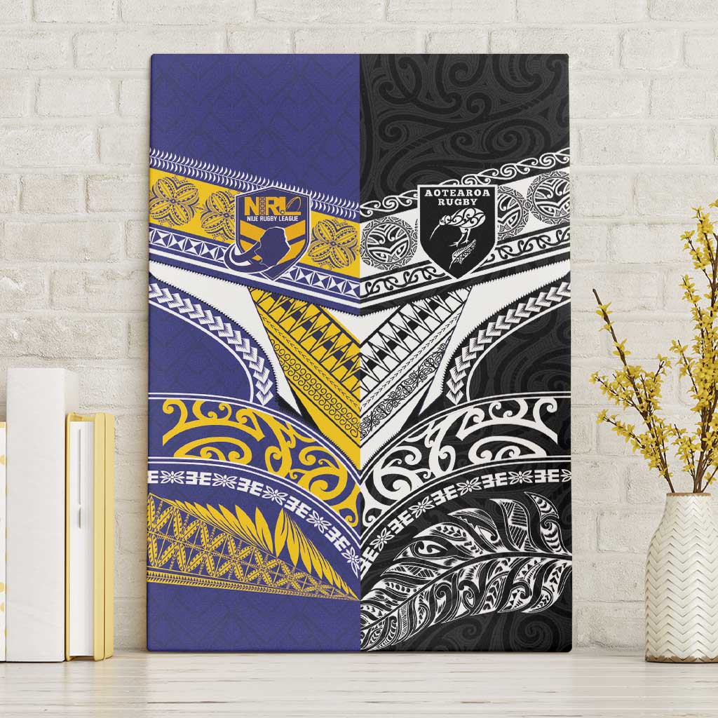 Rugby Niue and Aotearoa Canvas Wall Art Hiapo with Maori Moko Tribal Heritage Tattoos - Polynesian Pride