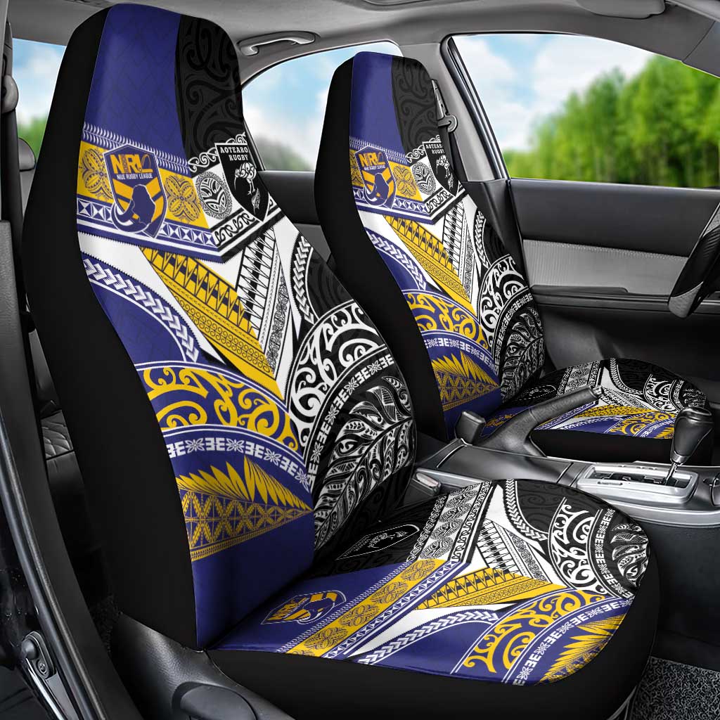 Rugby Niue and Aotearoa Car Seat Cover Hiapo with Maori Moko Tribal Heritage Tattoos - Polynesian Pride