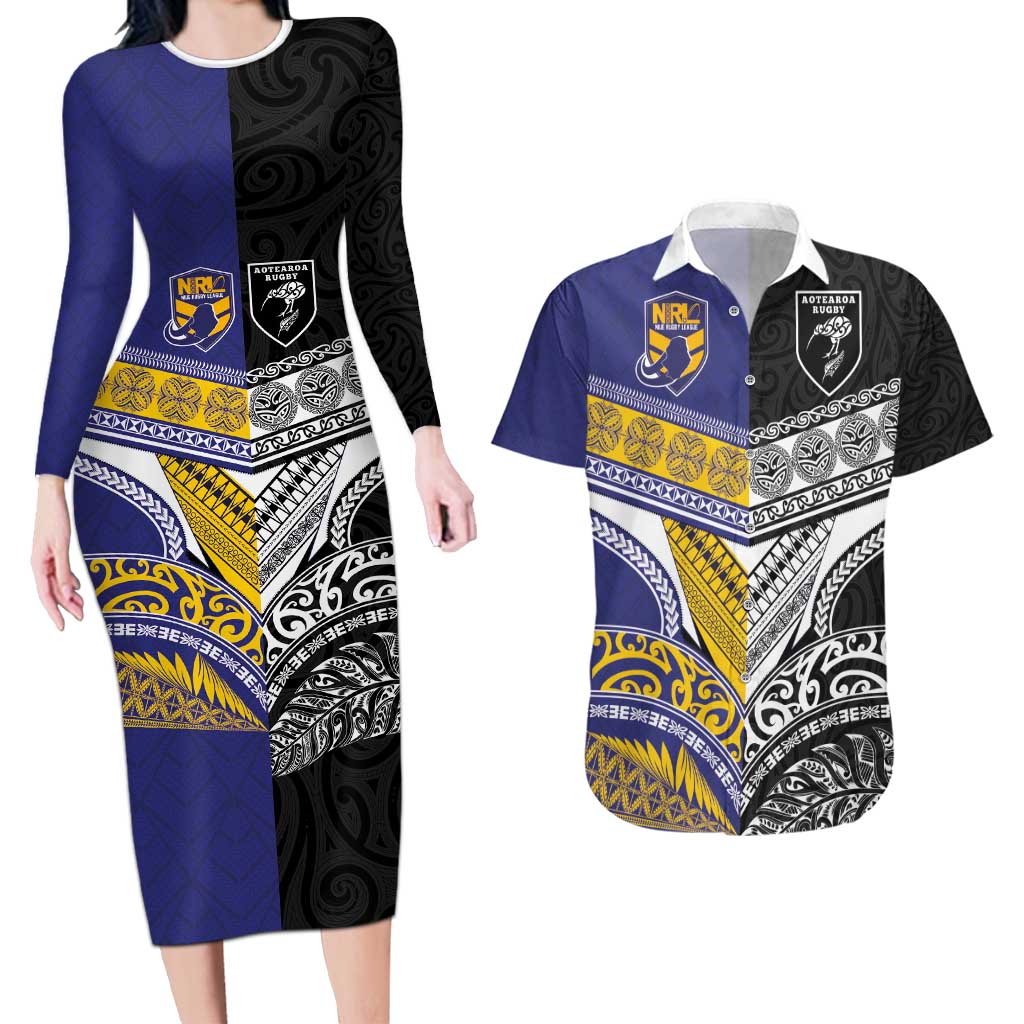 Custom Rugby Niue and Aotearoa Couples Matching Long Sleeve Bodycon Dress and Hawaiian Shirt Hiapo with Maori Moko Tribal Heritage Tattoos - Polynesian Pride