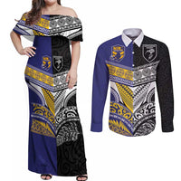 Custom Rugby Niue and Aotearoa Couples Matching Off Shoulder Maxi Dress and Long Sleeve Button Shirt Hiapo with Maori Moko Tribal Heritage Tattoos - Polynesian Pride