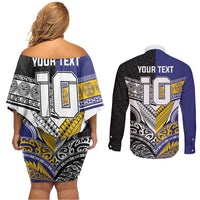 Custom Rugby Niue and Aotearoa Couples Matching Off Shoulder Short Dress and Long Sleeve Button Shirt Hiapo with Maori Moko Tribal Heritage Tattoos - Polynesian Pride