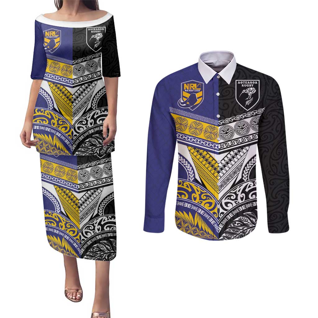 Custom Rugby Niue and Aotearoa Couples Matching Puletasi and Long Sleeve Button Shirt Hiapo with Maori Moko Tribal Heritage Tattoos - Polynesian Pride