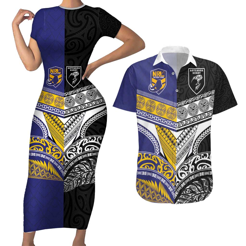 Custom Rugby Niue and Aotearoa Couples Matching Short Sleeve Bodycon Dress and Hawaiian Shirt Hiapo with Maori Moko Tribal Heritage Tattoos - Polynesian Pride