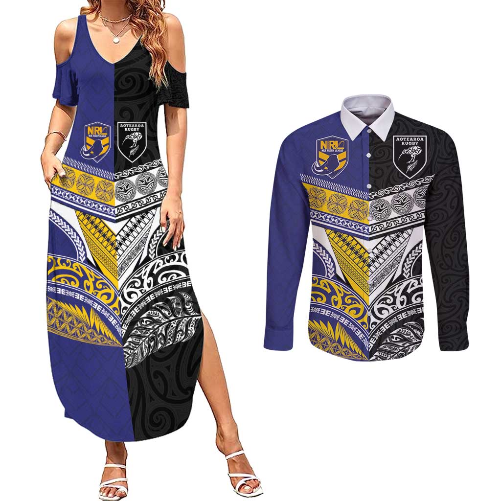 Custom Rugby Niue and Aotearoa Couples Matching Summer Maxi Dress and Long Sleeve Button Shirt Hiapo with Maori Moko Tribal Heritage Tattoos - Polynesian Pride