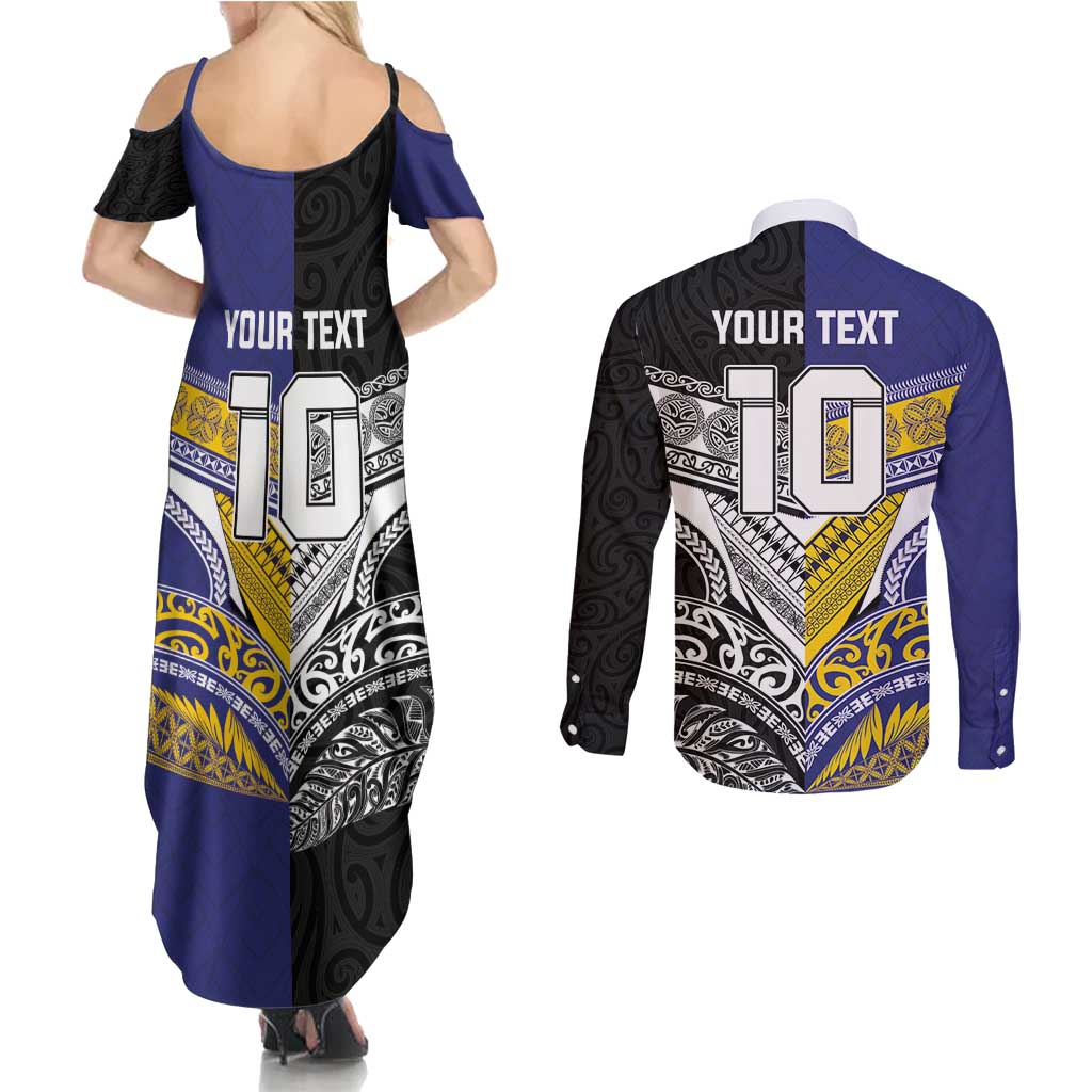 Custom Rugby Niue and Aotearoa Couples Matching Summer Maxi Dress and Long Sleeve Button Shirt Hiapo with Maori Moko Tribal Heritage Tattoos - Polynesian Pride