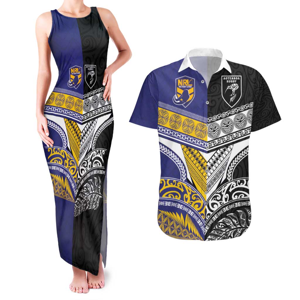 Custom Rugby Niue and Aotearoa Couples Matching Tank Maxi Dress and Hawaiian Shirt Hiapo with Maori Moko Tribal Heritage Tattoos - Polynesian Pride