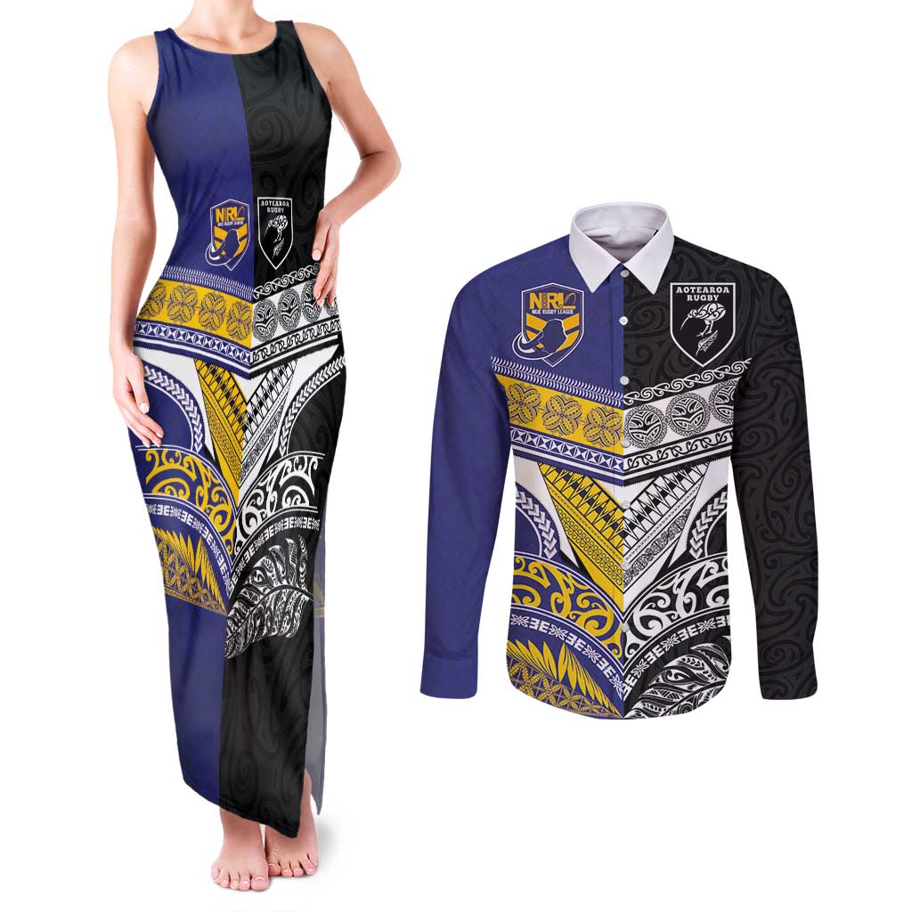 Custom Rugby Niue and Aotearoa Couples Matching Tank Maxi Dress and Long Sleeve Button Shirt Hiapo with Maori Moko Tribal Heritage Tattoos - Polynesian Pride
