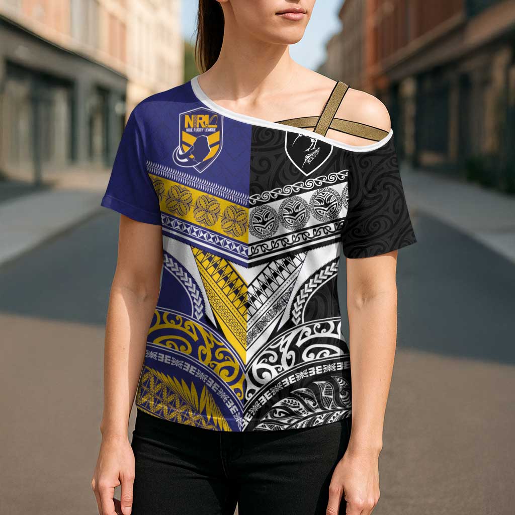Custom Rugby Niue and Aotearoa Cross Shoulder Shirt Hiapo with Maori Moko Tribal Heritage Tattoos - Polynesian Pride