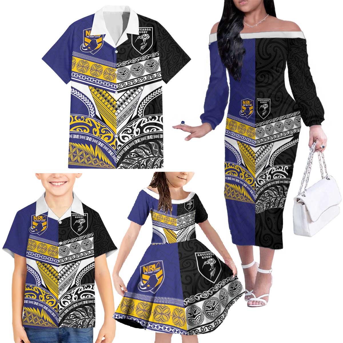 Custom Rugby Niue and Aotearoa Family Matching Off The Shoulder Long Sleeve Dress and Hawaiian Shirt Hiapo with Maori Moko Tribal Heritage Tattoos - Polynesian Pride