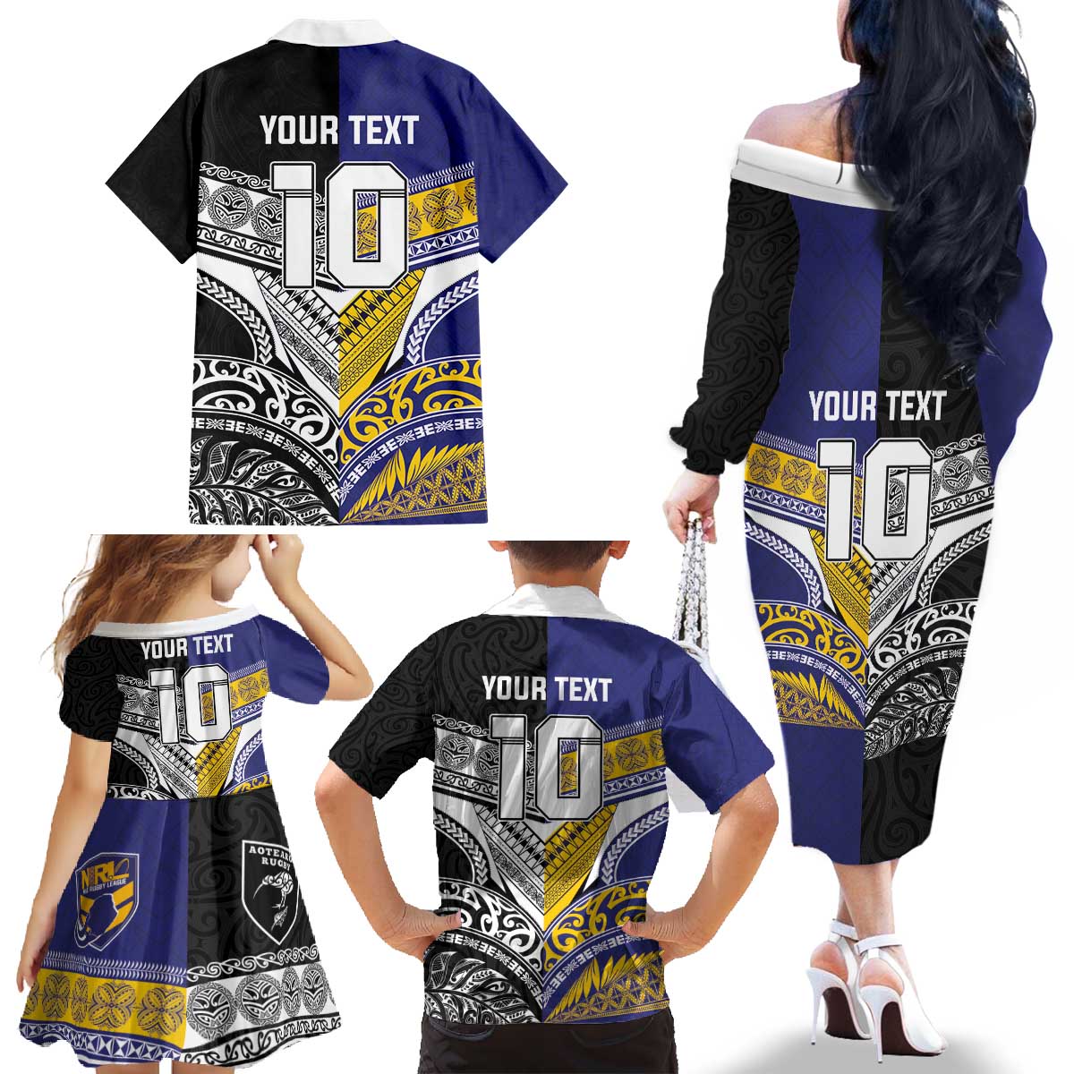 Custom Rugby Niue and Aotearoa Family Matching Off The Shoulder Long Sleeve Dress and Hawaiian Shirt Hiapo with Maori Moko Tribal Heritage Tattoos - Polynesian Pride