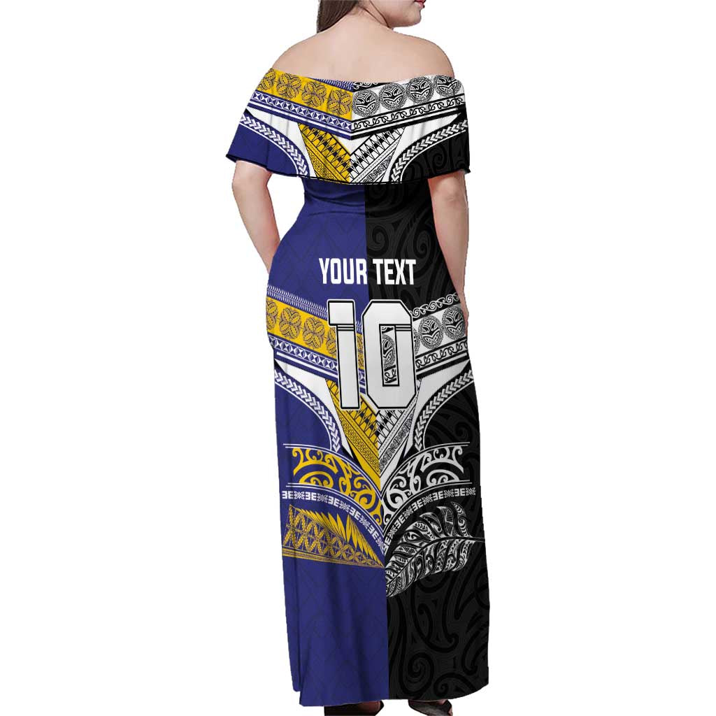 Custom Rugby Niue and Aotearoa Family Matching Off Shoulder Maxi Dress and Hawaiian Shirt Hiapo with Maori Moko Tribal Heritage Tattoos - Polynesian Pride