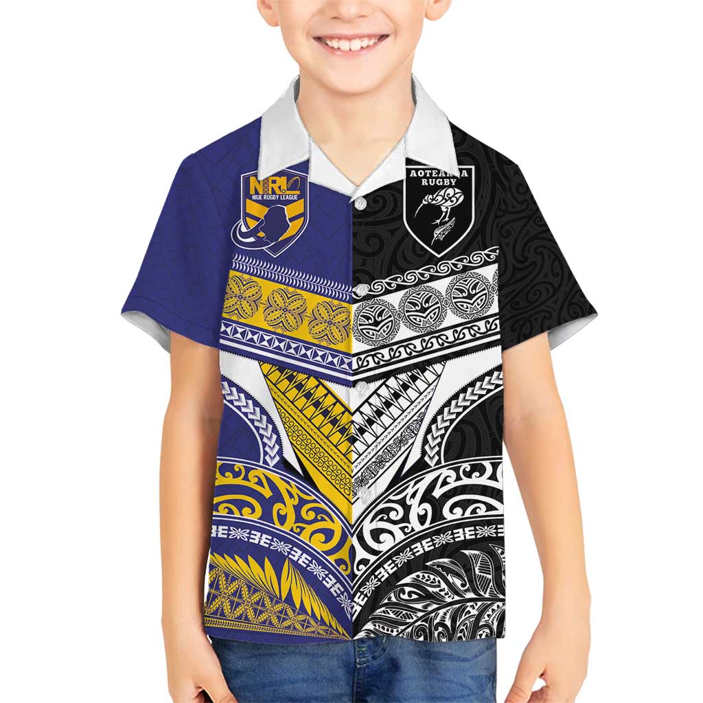 Custom Rugby Niue and Aotearoa Family Matching Puletasi and Hawaiian Shirt Hiapo with Maori Moko Tribal Heritage Tattoos - Polynesian Pride