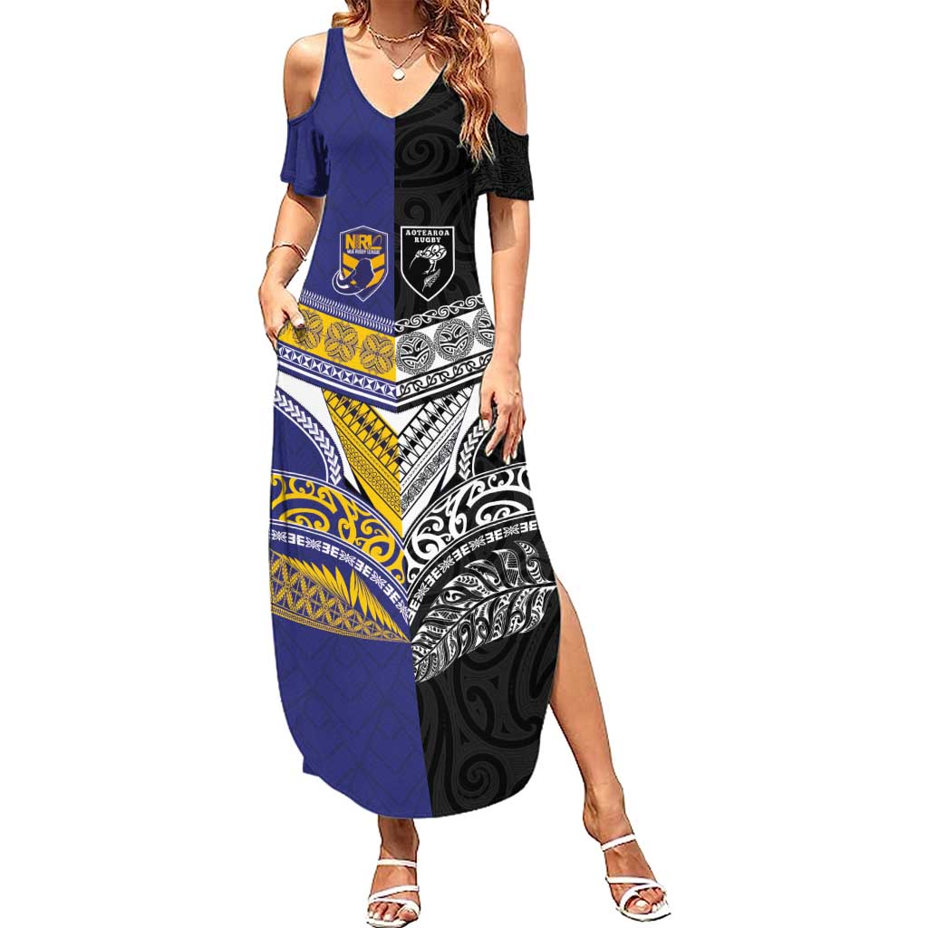 Custom Rugby Niue and Aotearoa Family Matching Summer Maxi Dress and Hawaiian Shirt Hiapo with Maori Moko Tribal Heritage Tattoos - Polynesian Pride