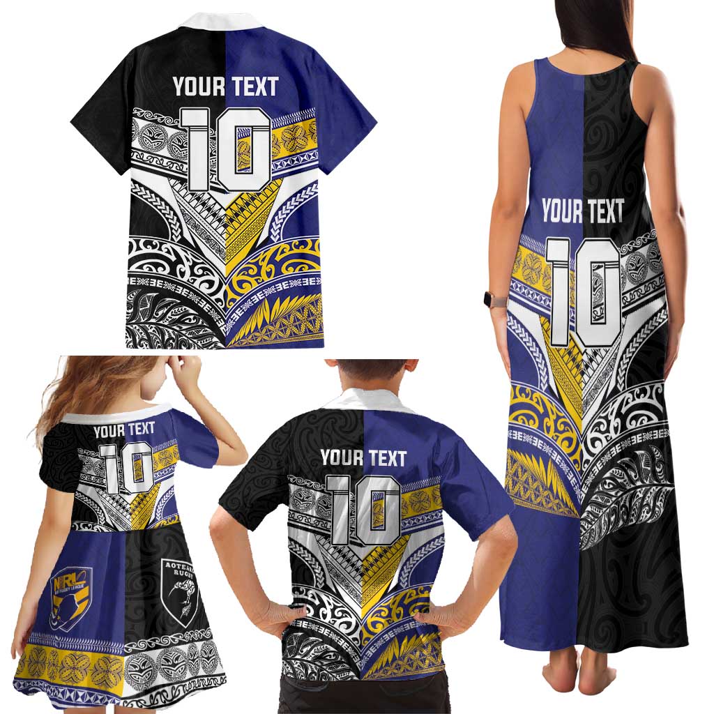 Custom Rugby Niue and Aotearoa Family Matching Tank Maxi Dress and Hawaiian Shirt Hiapo with Maori Moko Tribal Heritage Tattoos - Polynesian Pride