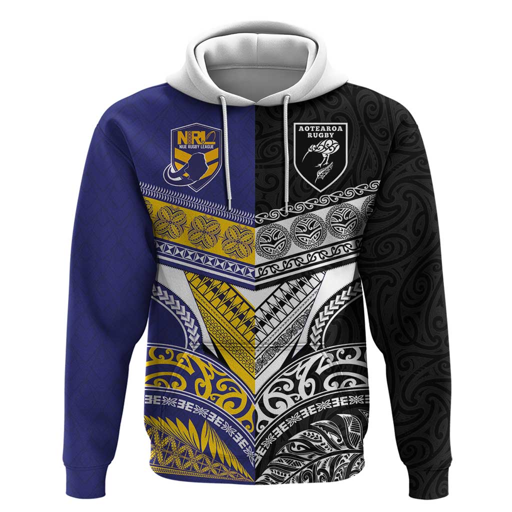 Custom Rugby Niue and Aotearoa Hoodie Hiapo with Maori Moko Tribal Heritage Tattoos - Polynesian Pride