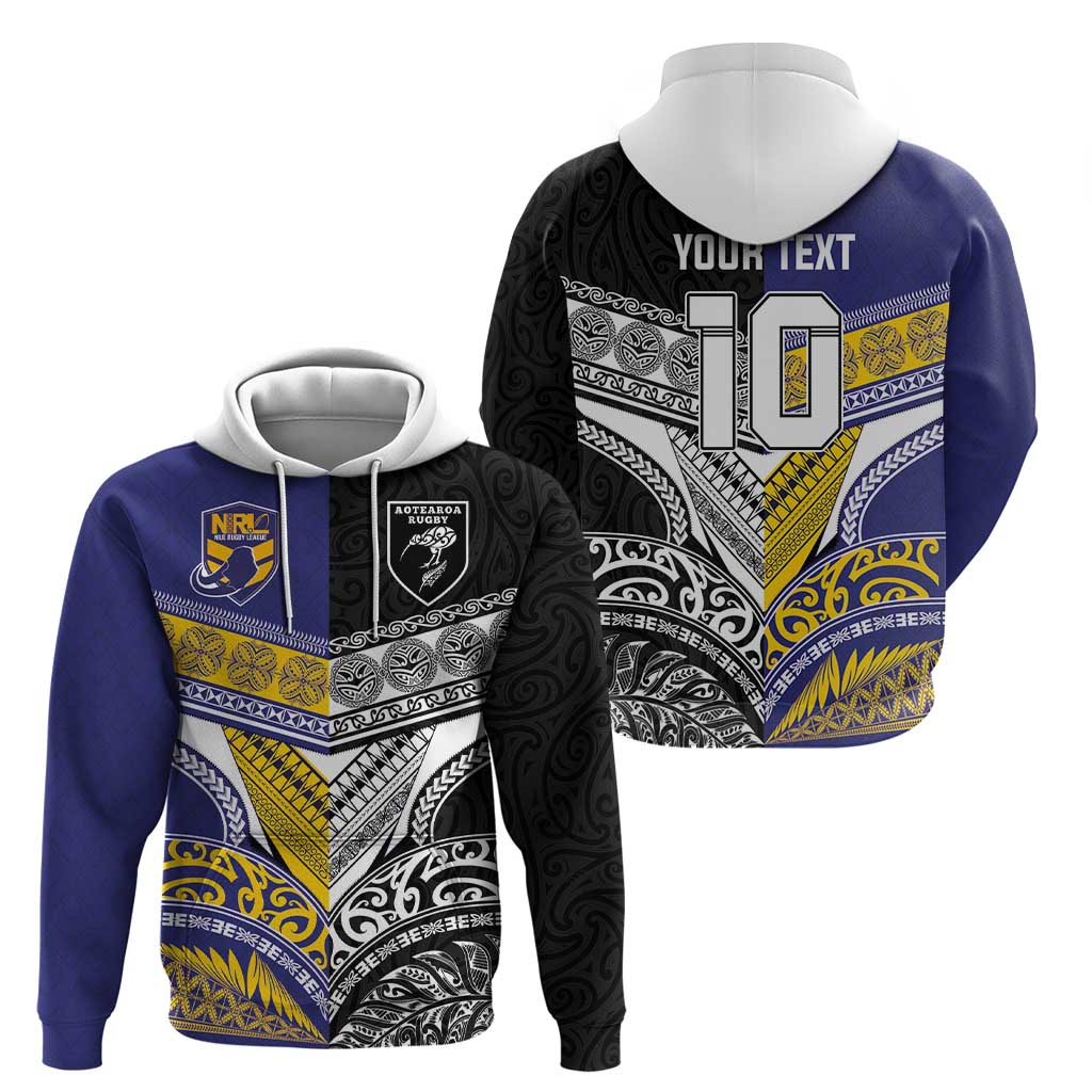 Custom Rugby Niue and Aotearoa Hoodie Hiapo with Maori Moko Tribal Heritage Tattoos - Polynesian Pride