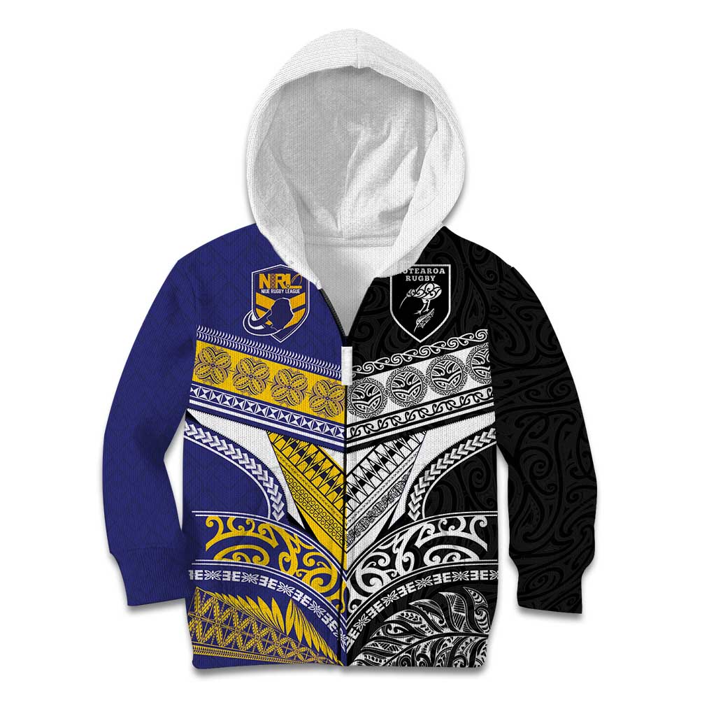 Custom Rugby Niue and Aotearoa Kid Hoodie Hiapo with Maori Moko Tribal Heritage Tattoos - Polynesian Pride