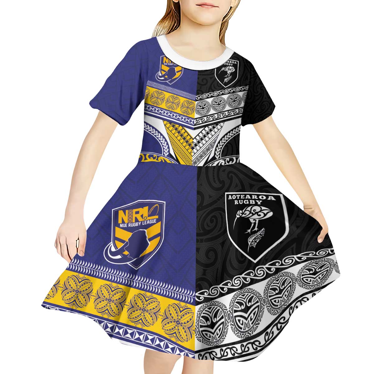 Custom Rugby Niue and Aotearoa Kid Short Sleeve Dress Hiapo with Maori Moko Tribal Heritage Tattoos - Polynesian Pride