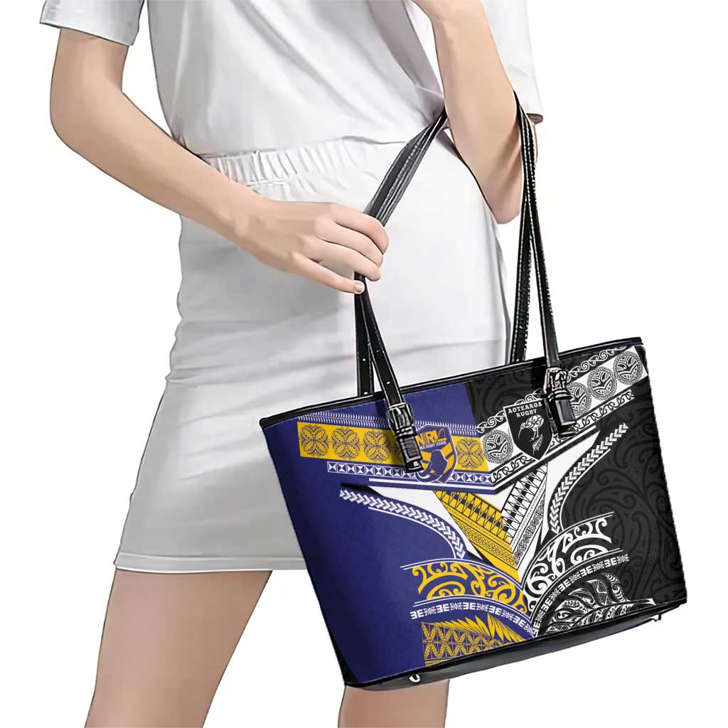 Rugby Niue and Aotearoa Leather Tote Bag Hiapo with Maori Moko Tribal Heritage Tattoos - Polynesian Pride
