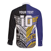 Custom Rugby Niue and Aotearoa Long Sleeve Button Shirt Hiapo with Maori Moko Tribal Heritage Tattoos - Polynesian Pride