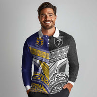 Custom Rugby Niue and Aotearoa Long Sleeve Polo Shirt Hiapo with Maori Moko Tribal Heritage Tattoos - Polynesian Pride