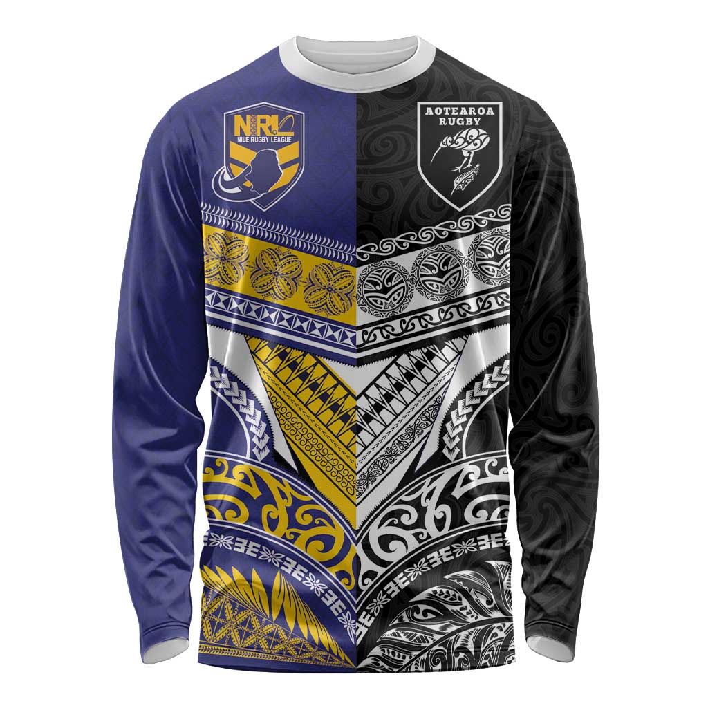 Custom Rugby Niue and Aotearoa Long Sleeve Shirt Hiapo with Maori Moko Tribal Heritage Tattoos - Polynesian Pride
