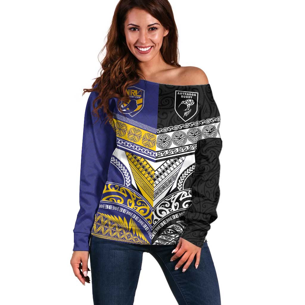 Custom Rugby Niue and Aotearoa Off Shoulder Sweater Hiapo with Maori Moko Tribal Heritage Tattoos - Polynesian Pride