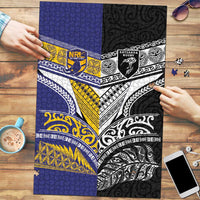 Rugby Niue and Aotearoa Puzzle Hiapo with Maori Moko Tribal Heritage Tattoos - Polynesian Pride