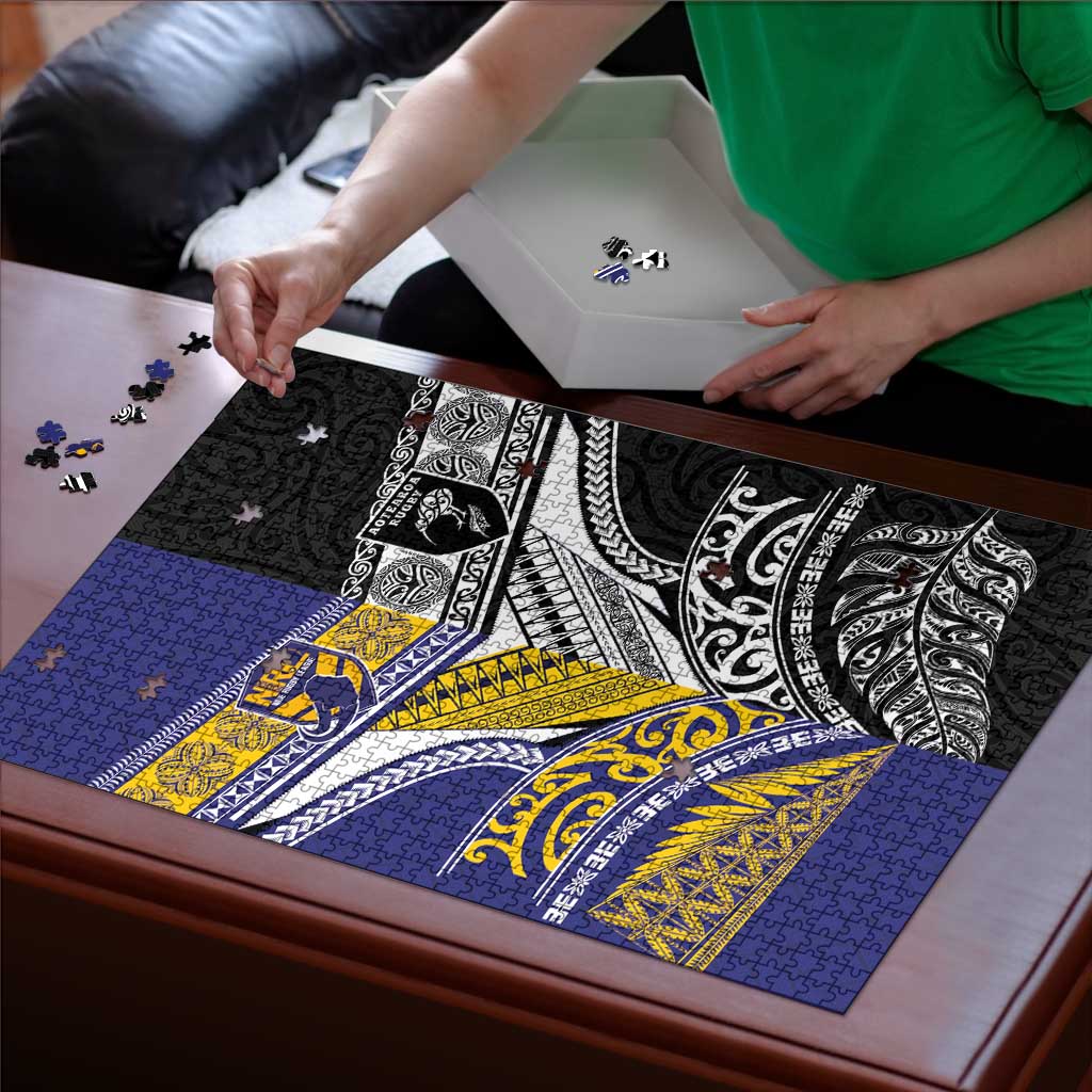 Rugby Niue and Aotearoa Puzzle Hiapo with Maori Moko Tribal Heritage Tattoos - Polynesian Pride