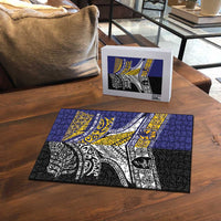 Rugby Niue and Aotearoa Puzzle Hiapo with Maori Moko Tribal Heritage Tattoos - Polynesian Pride