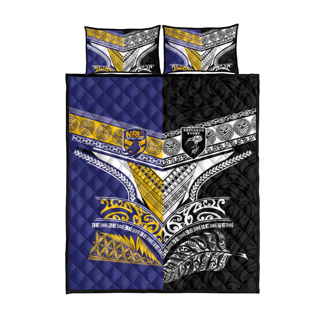 Rugby Niue and Aotearoa Quilt Bed Set Hiapo with Maori Moko Tribal Heritage Tattoos - Polynesian Pride