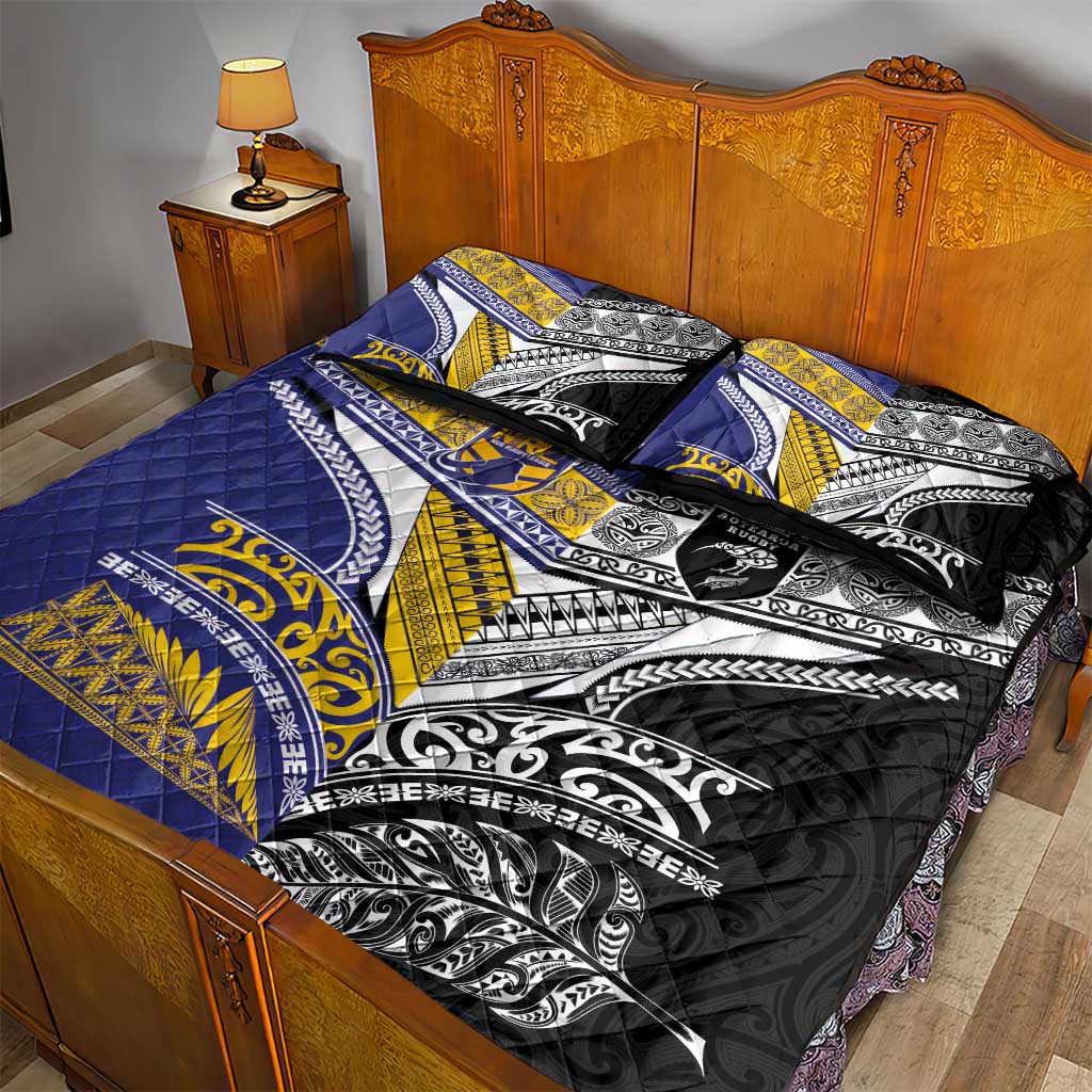 Rugby Niue and Aotearoa Quilt Bed Set Hiapo with Maori Moko Tribal Heritage Tattoos - Polynesian Pride