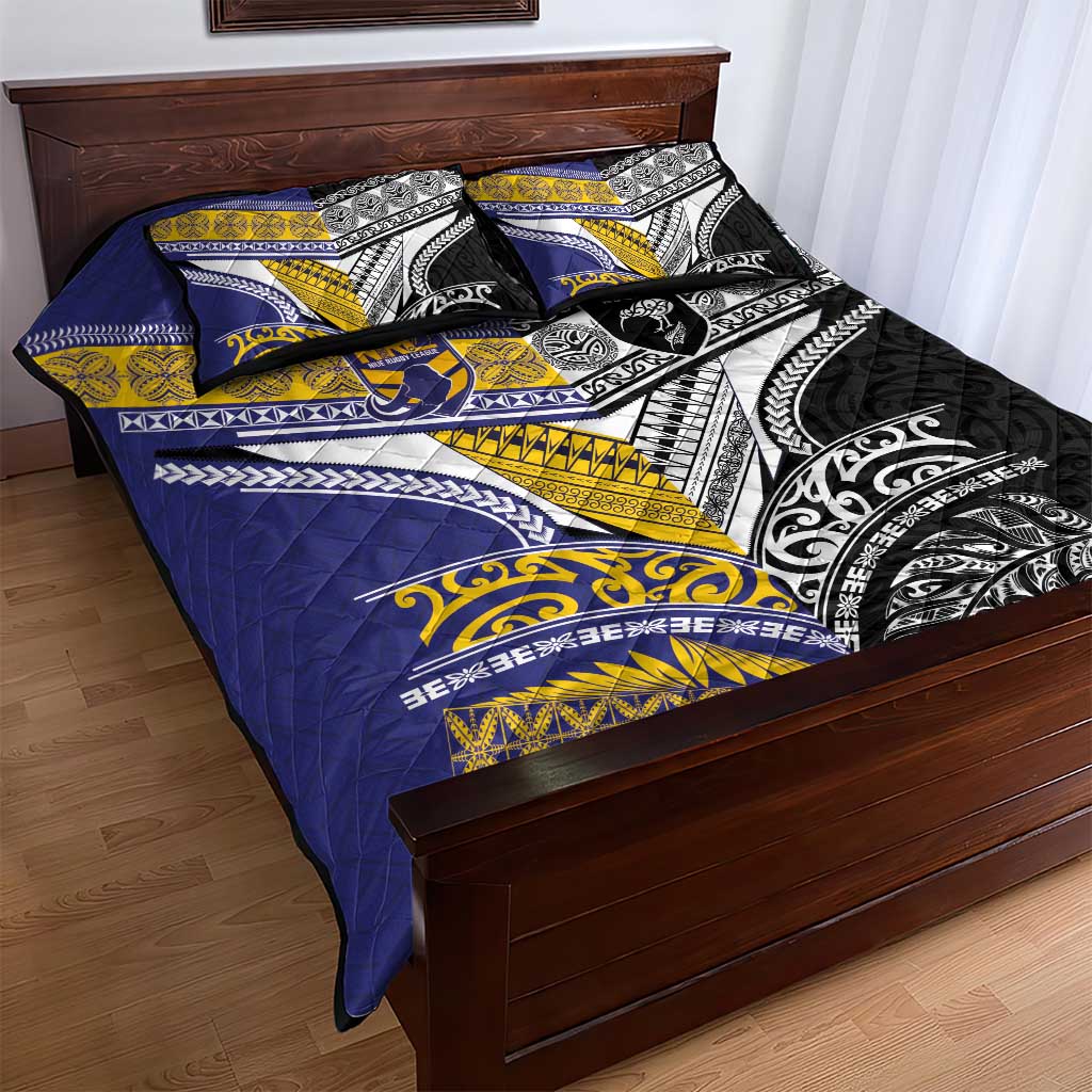 Rugby Niue and Aotearoa Quilt Bed Set Hiapo with Maori Moko Tribal Heritage Tattoos - Polynesian Pride