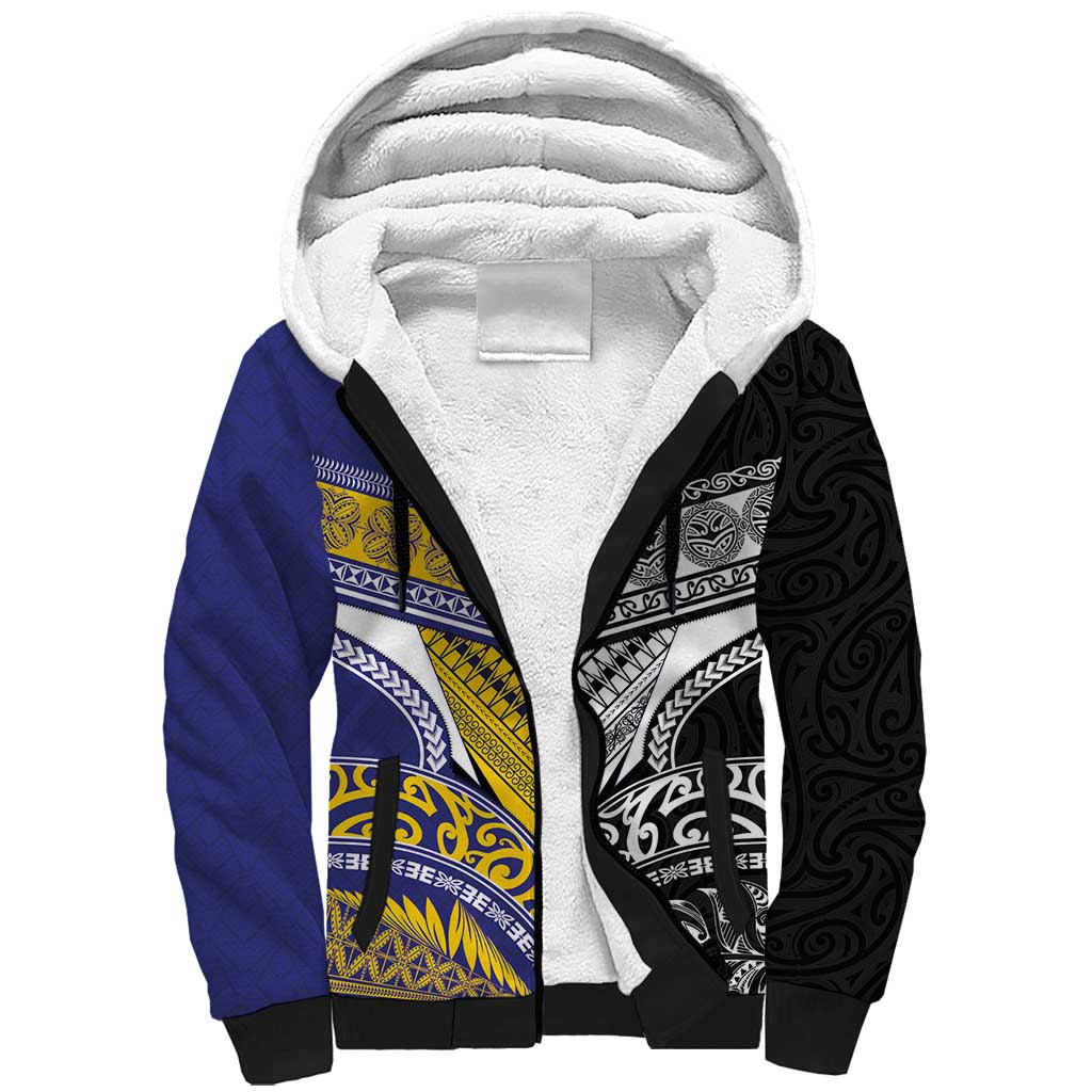 Custom Rugby Niue and Aotearoa Sherpa Hoodie Hiapo with Maori Moko Tribal Heritage Tattoos - Polynesian Pride