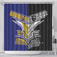 Rugby Niue and Aotearoa Shower Curtain Hiapo with Maori Moko Tribal Heritage Tattoos - Polynesian Pride