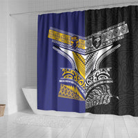 Rugby Niue and Aotearoa Shower Curtain Hiapo with Maori Moko Tribal Heritage Tattoos - Polynesian Pride