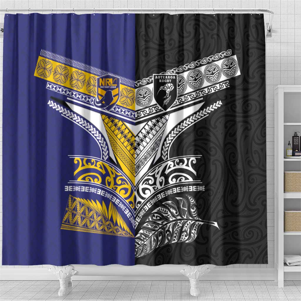 Rugby Niue and Aotearoa Shower Curtain Hiapo with Maori Moko Tribal Heritage Tattoos - Polynesian Pride