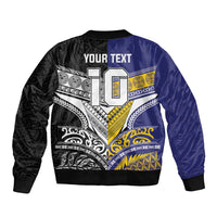 Custom Rugby Niue and Aotearoa Sleeve Zip Bomber Jacket Hiapo with Maori Moko Tribal Heritage Tattoos - Polynesian Pride