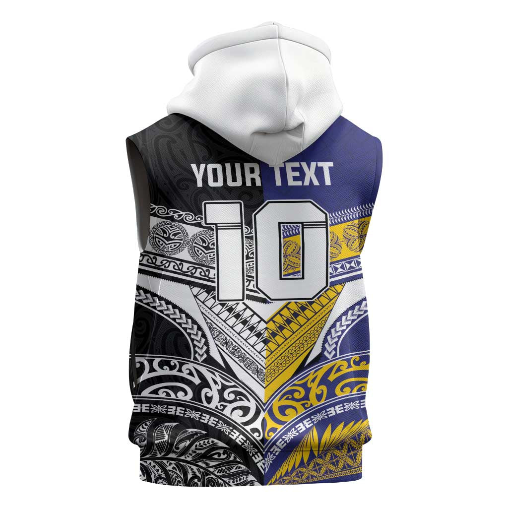 Custom Rugby Niue and Aotearoa Sleeveless Hoodie Hiapo with Maori Moko Tribal Heritage Tattoos - Polynesian Pride
