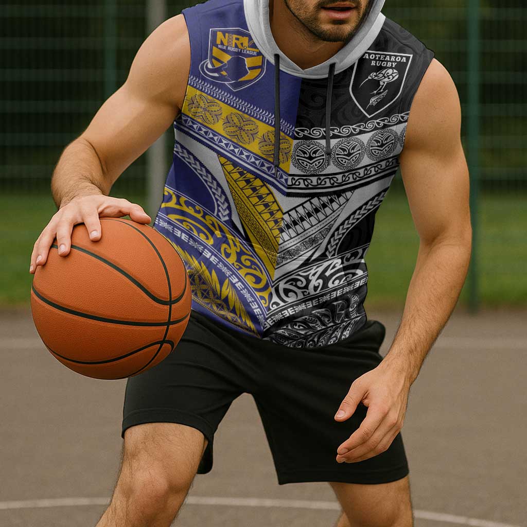 Custom Rugby Niue and Aotearoa Sleeveless Hoodie Hiapo with Maori Moko Tribal Heritage Tattoos - Polynesian Pride