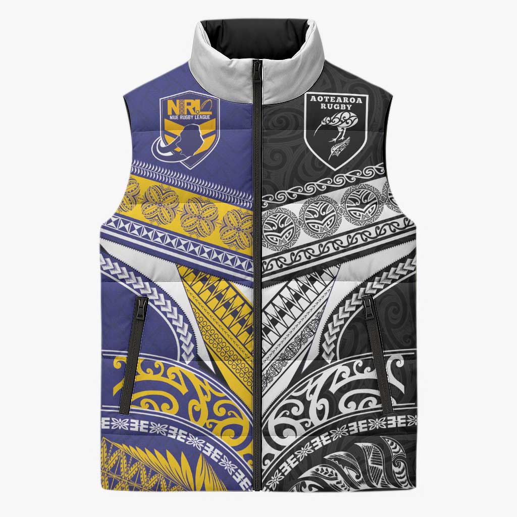 Custom Rugby Niue and Aotearoa Sleeveless Puffer Jacket Hiapo with Maori Moko Tribal Heritage Tattoos - Polynesian Pride
