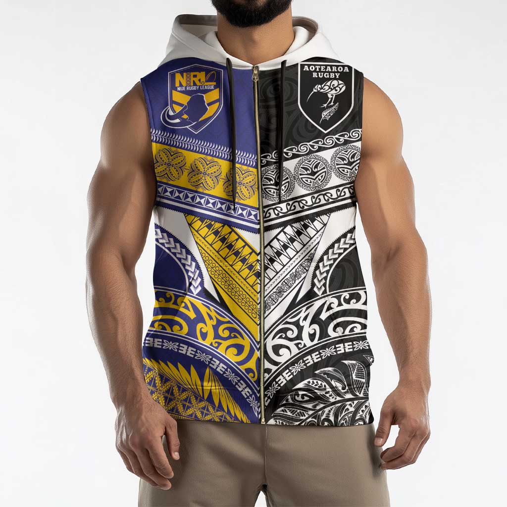 Custom Rugby Niue and Aotearoa Sleeveless Zip Hoodie Hiapo with Maori Moko Tribal Heritage Tattoos - Polynesian Pride