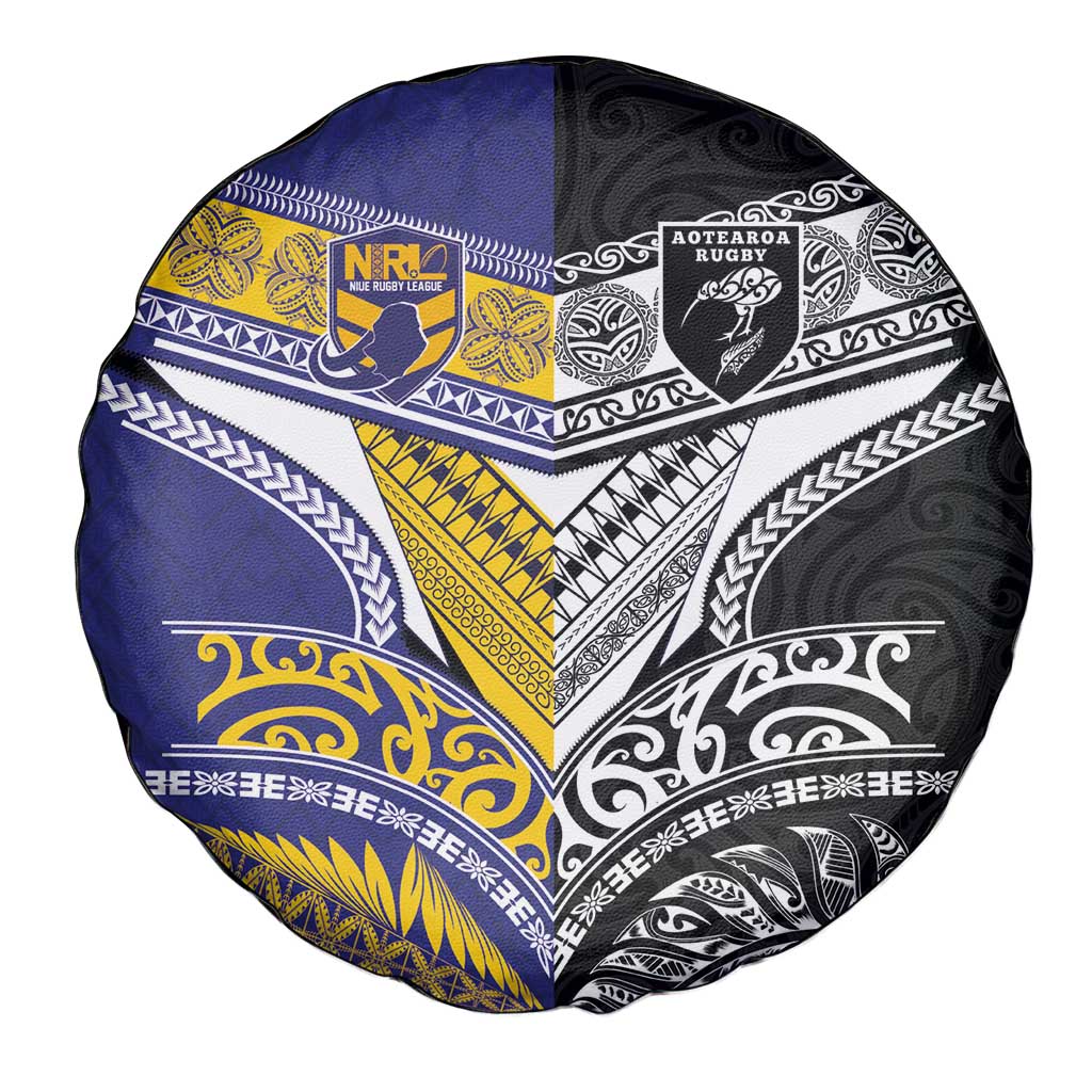 Rugby Niue and Aotearoa Spare Tire Cover Hiapo with Maori Moko Tribal Heritage Tattoos - Polynesian Pride